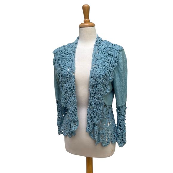 VTG Nine West Cardigan Sz L Blue Ramie Open Front Crochet Bell Sleeve Boho Y2K - Picture 2 of 10